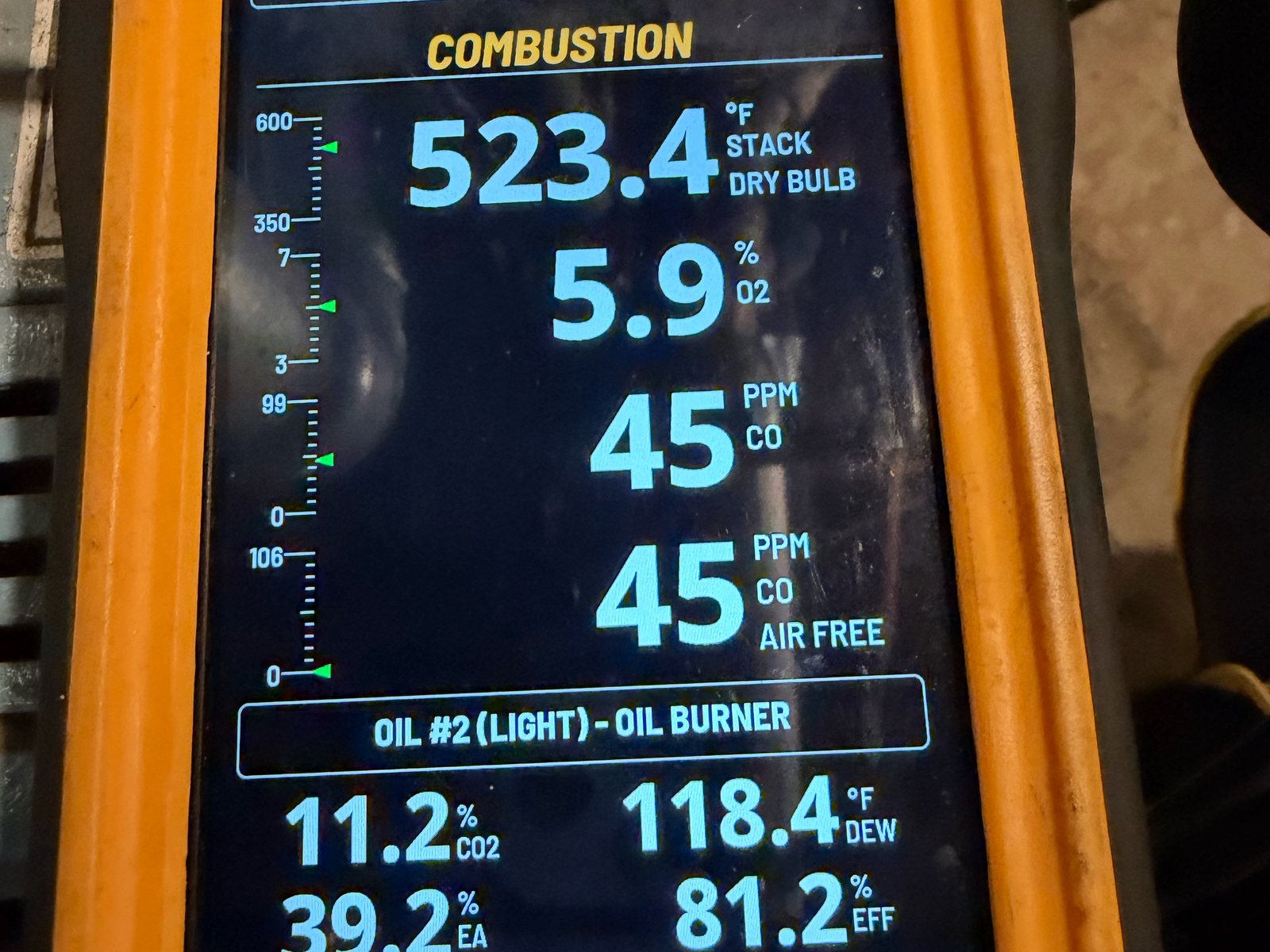 Combustion analyzer screen showing readings from an oil burner test