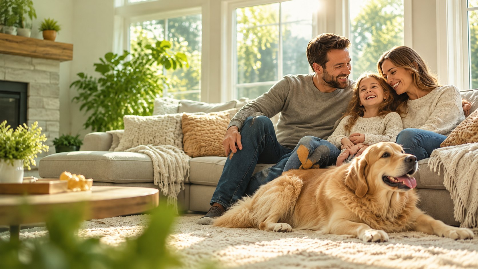 A family relaxing with their golden retriever in a bright living room