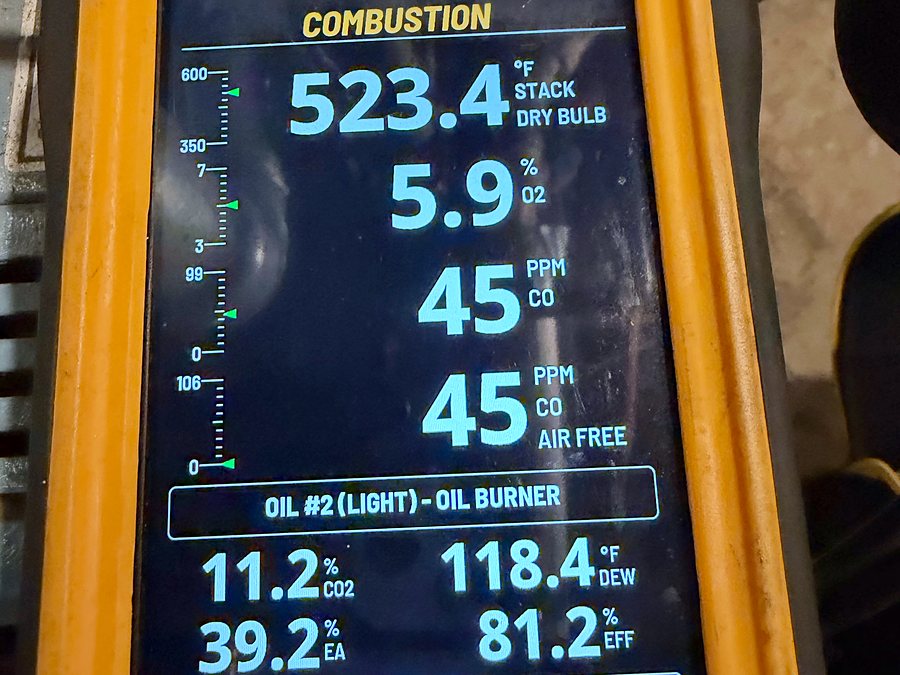 Combustion analyzer readings taken during an oil burner tune-up