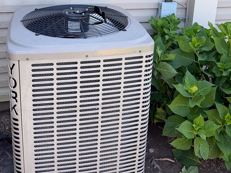 Heat pump outdoor unit beside hydrangeas, close up